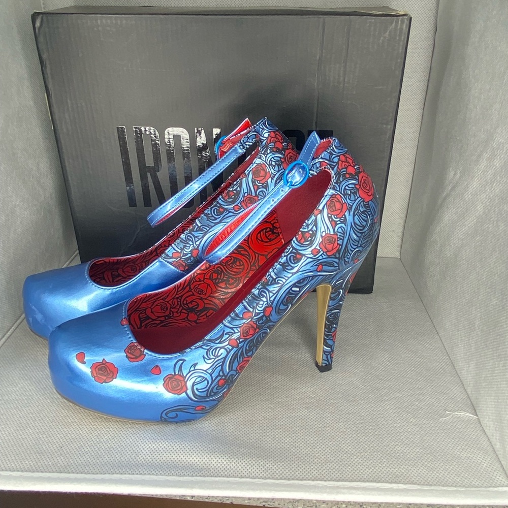 Iron Fist Vegan Leather Blue&Red Rose Heels Size9
